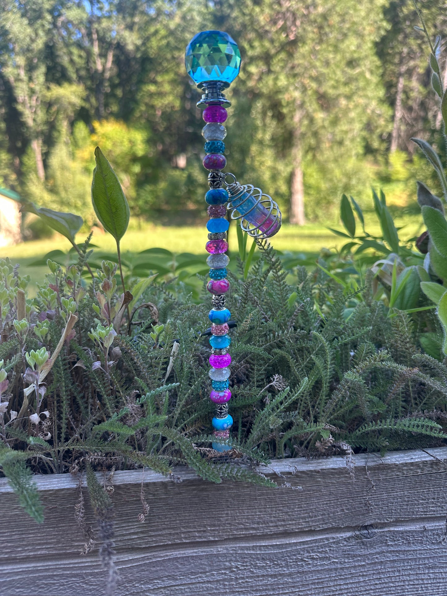 Blue, Pink & White Fairy Stick with Light Blue Diamond-Patterned Crystal and Aura Quartz Charm