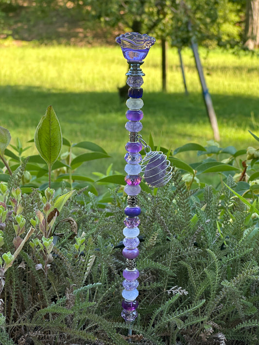 Purple & White Fairy Stick with Amethyst Charm and Purple Glass Rose Top