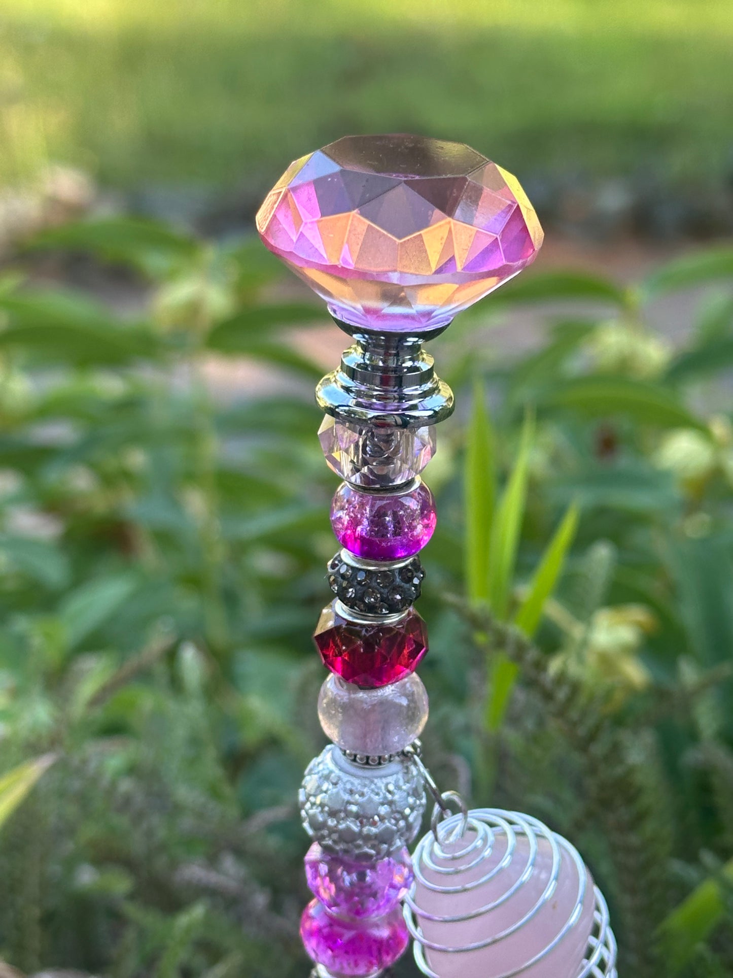Pink Fairy Stick with Diamond-Patterned Crystal & Natural Rose Quartz