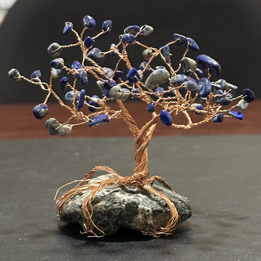 4-Inch Lapis Lazuli Wire Tree Sculpture on a Serpentine Stone