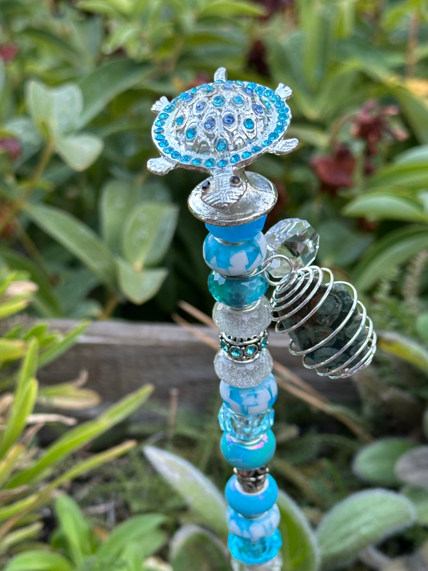 Fairy Wand Garden Stake in Blue With a Turtle Top and Rainforest Rhyolite Charm