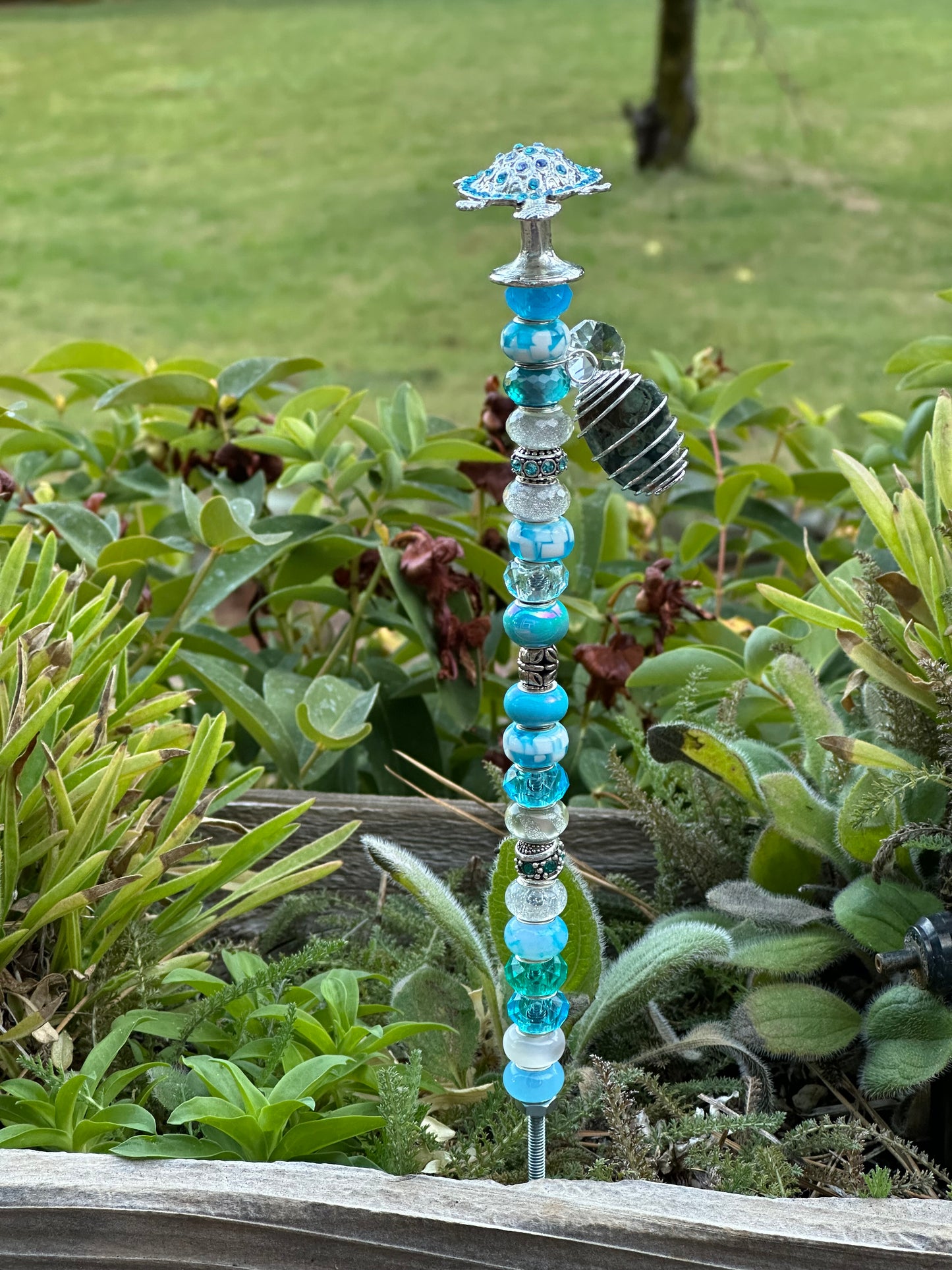 Fairy Wand Garden Stake in Blue With a Turtle Top and Rainforest Rhyolite Charm