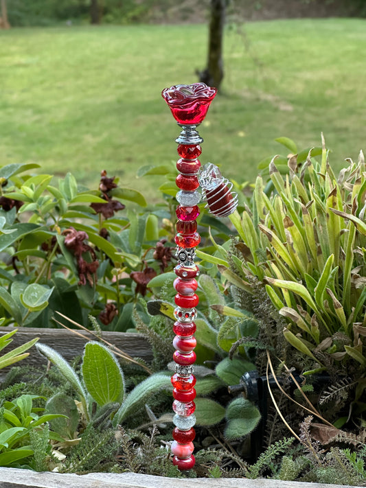 Fairy Wand Garden Stake in Red and Silver With a Red Jasper Charm