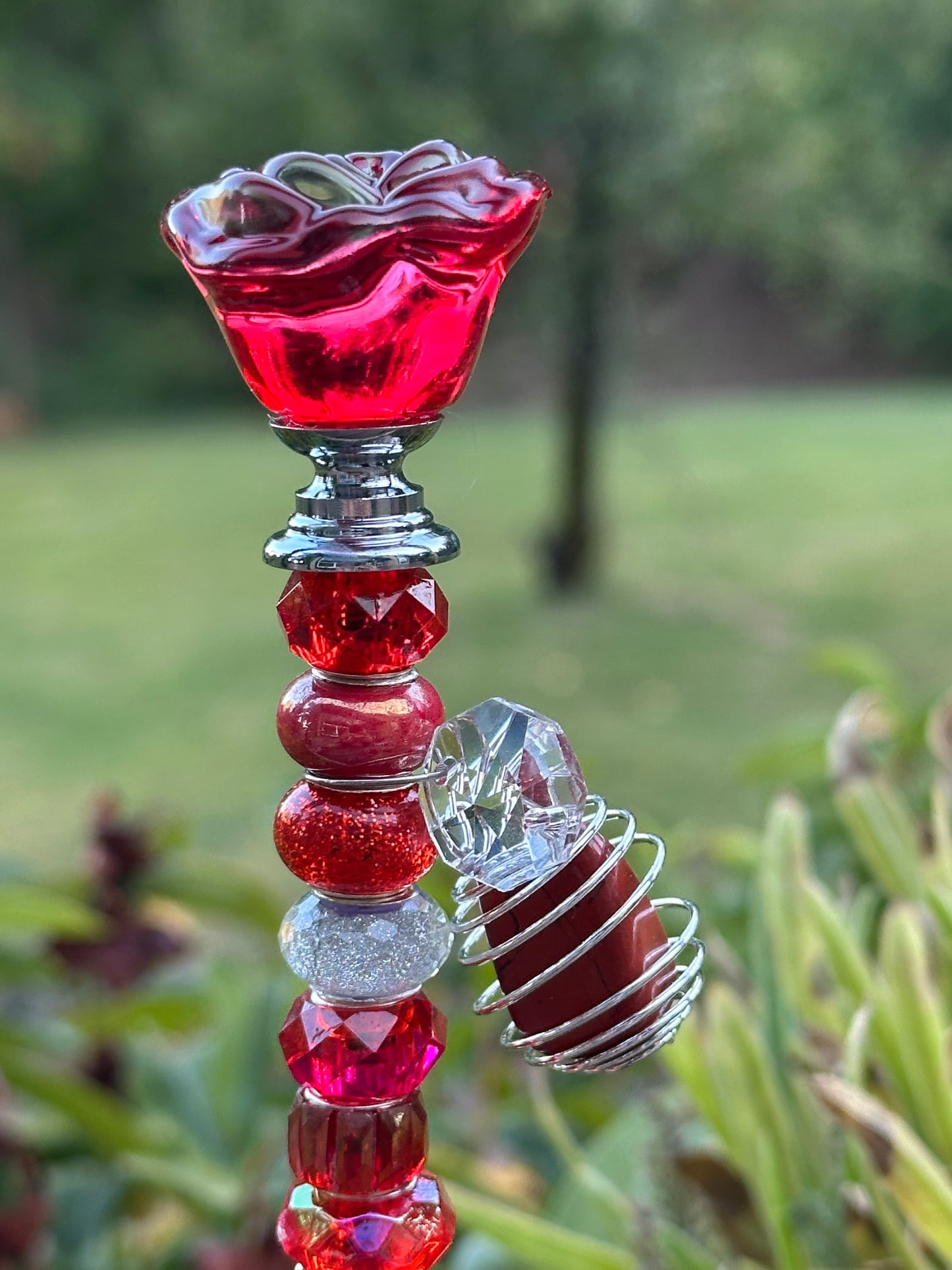 Fairy Wand Garden Stake in Red and Silver With a Red Jasper Charm