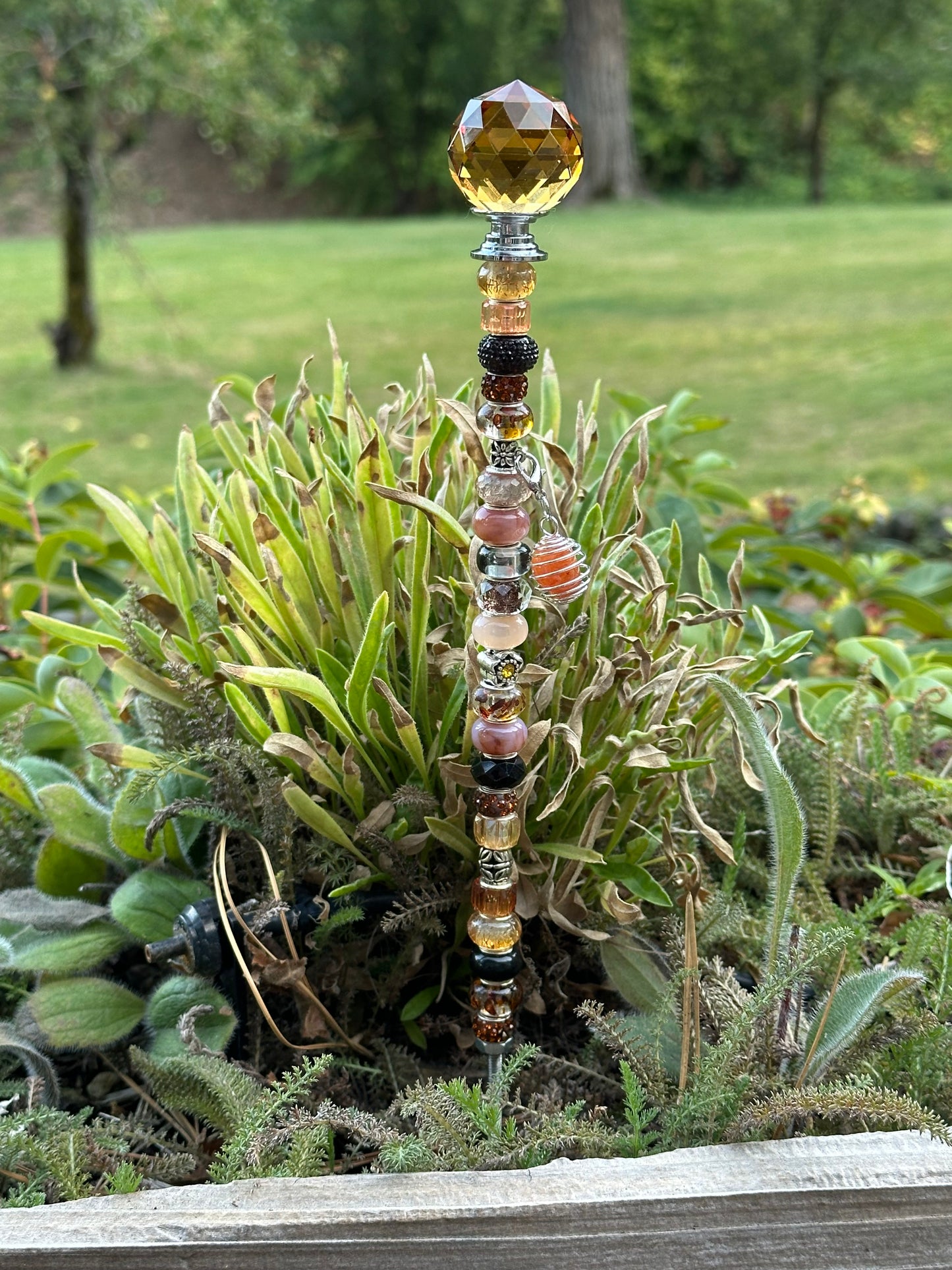 Fairy Wand Garden Stake in Amber, Topaz and Black With Carnelian Charm