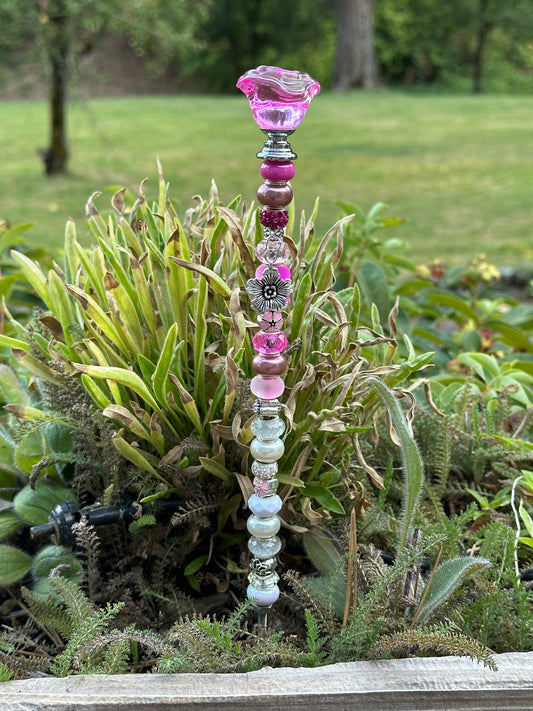 Fairy Wand Garden Stake in Pink and White With a Silver Flower Charm