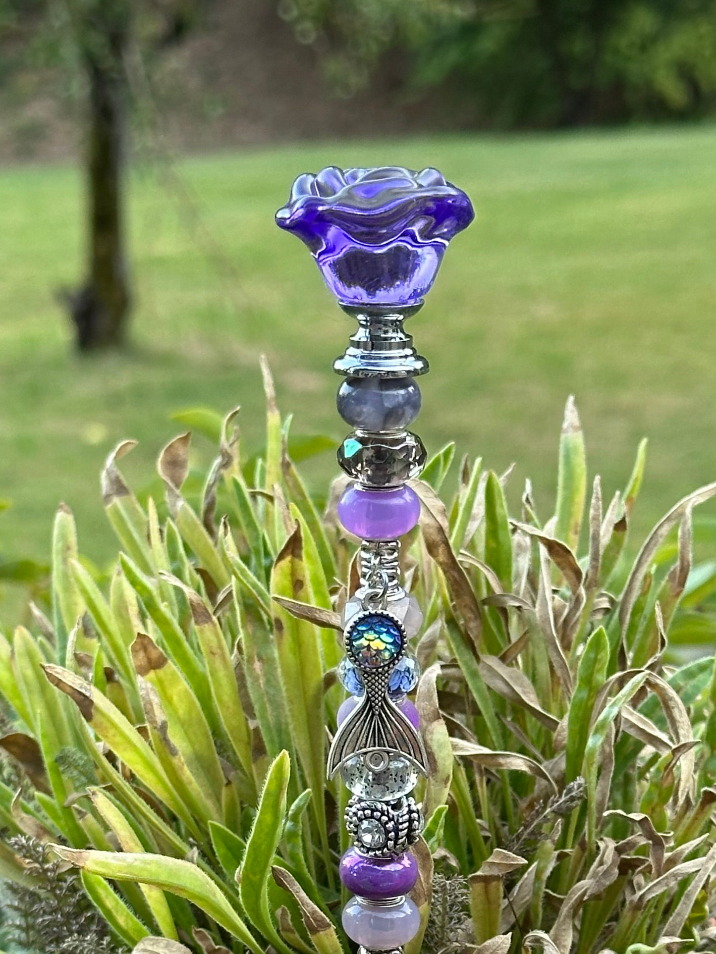 Fairy Wand Garden Stake in Purple and Silver With a Mermaid Tail Charm