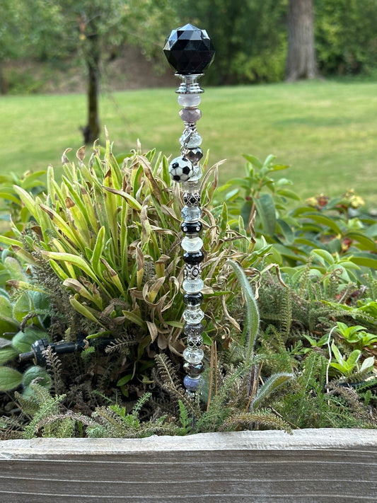 Fairy Wand Garden Stake in Black, Gray and White With a Soccer Ball Charm