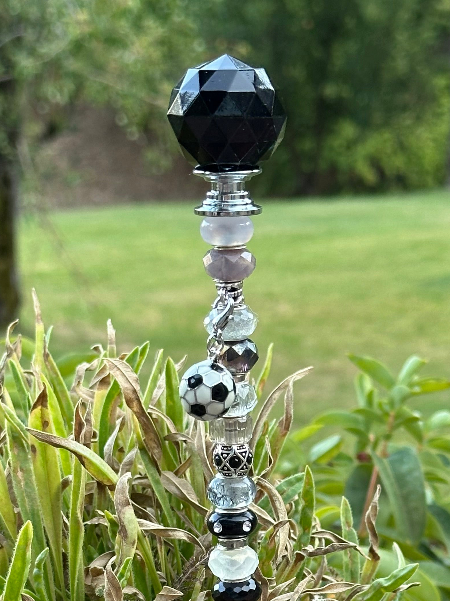 Fairy Wand Garden Stake in Black, Gray and White With a Soccer Ball Charm