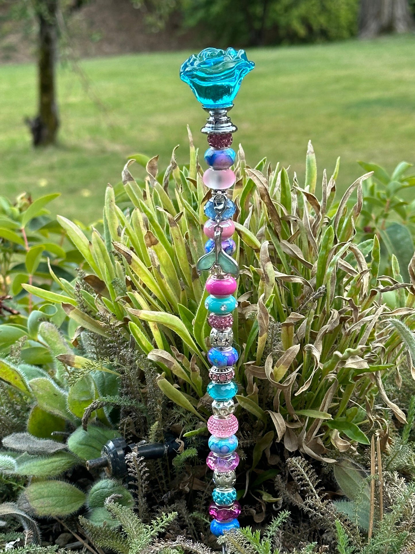 Fairy Wand Garden Stake in Blue and Pink With a Mermaid Tail Charm