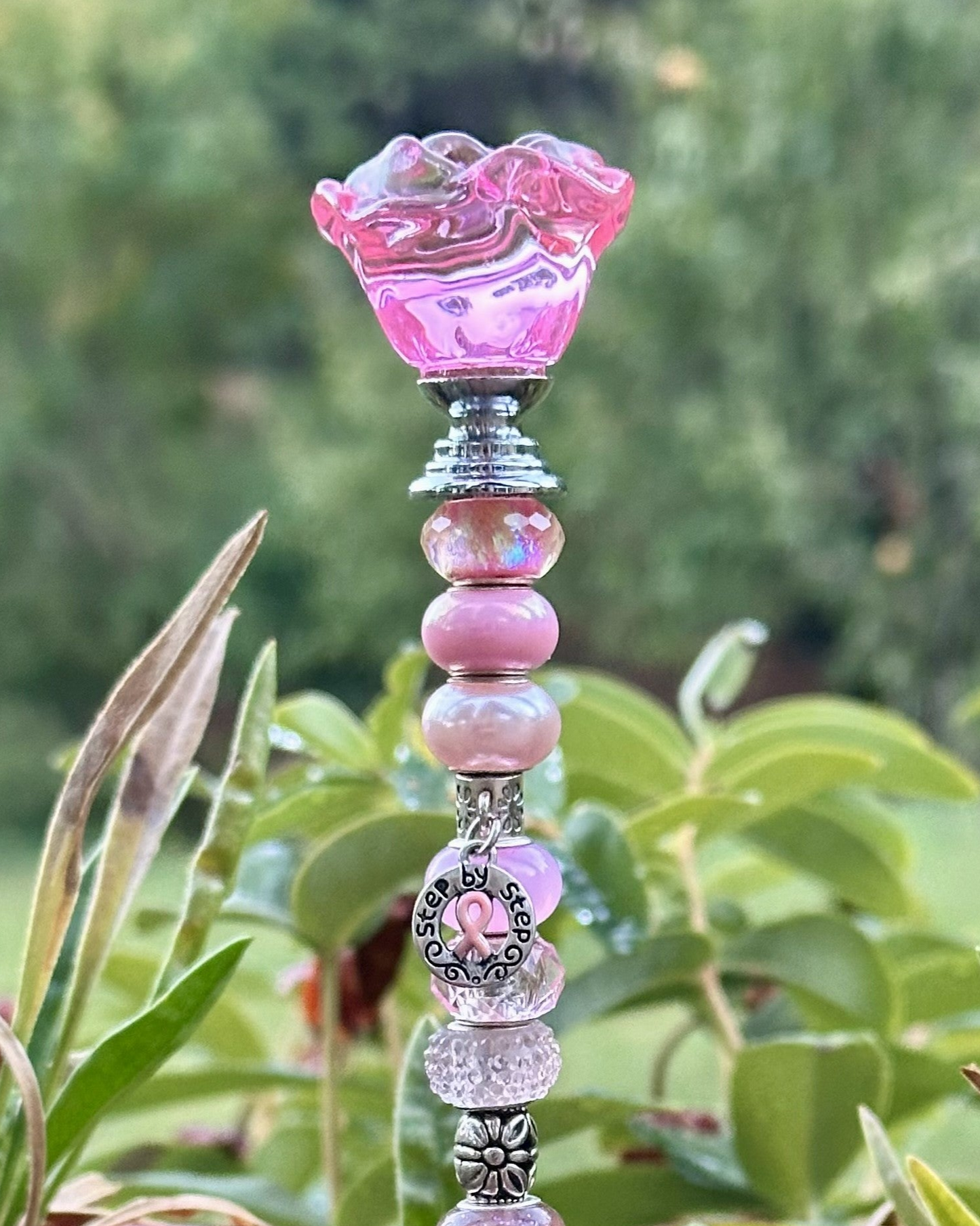 Fairy Wand Garden Stake in in Pink and Purple With Breast Cancer Awareness Charm
