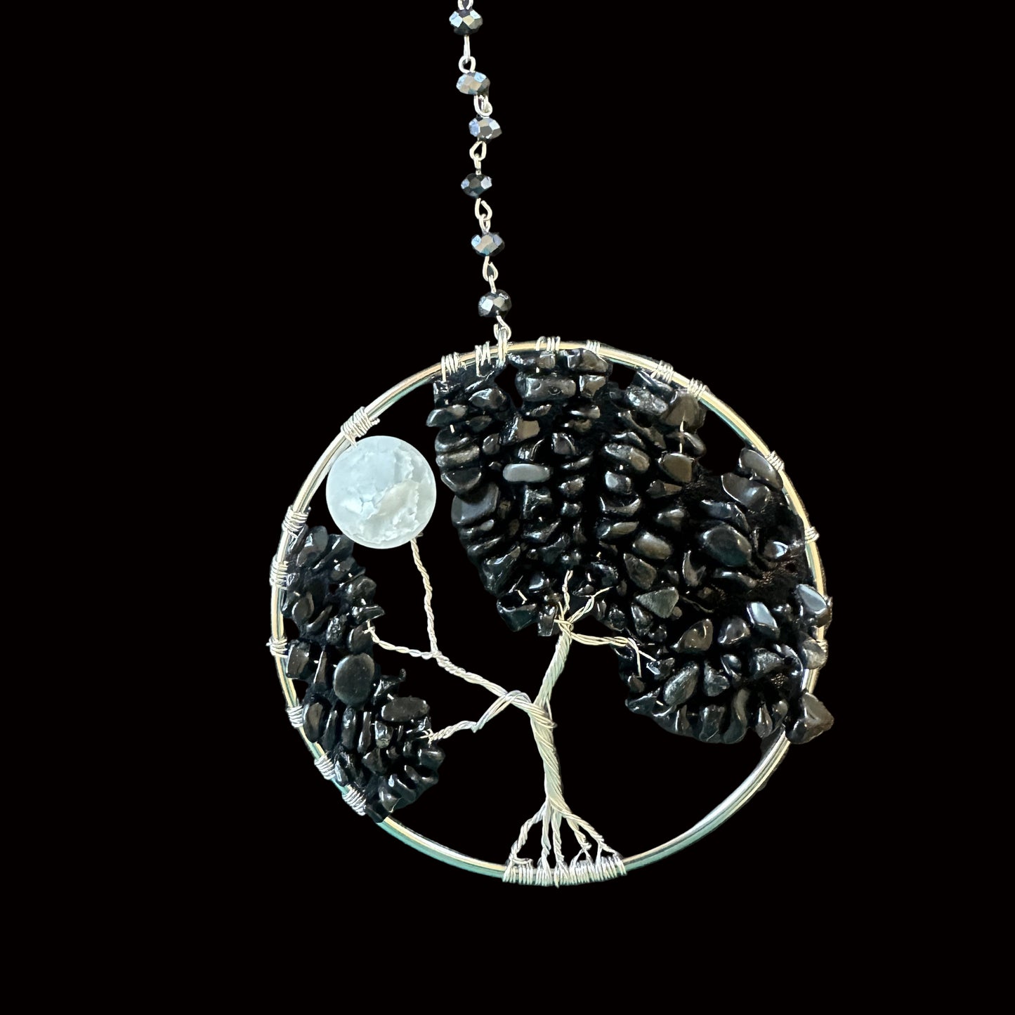 Black Jasper, White Quartz & Silver Tree of Life - 4-Inch Wall/Window Hanging
