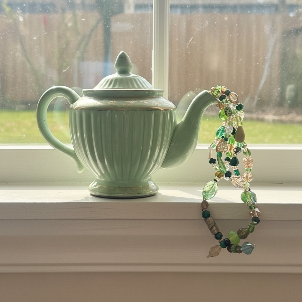 Vintage Green & Gold Crystal Pouring Ceramic Teapot – Faceted Glass Cascade in Green, Amber & Clear