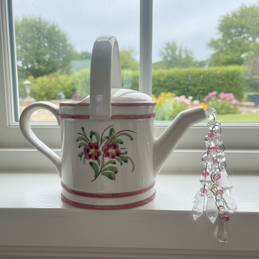 Vintage Italian Floral Crystal Pouring Teapot – Faceted Glass Cascade in Clear & Pink