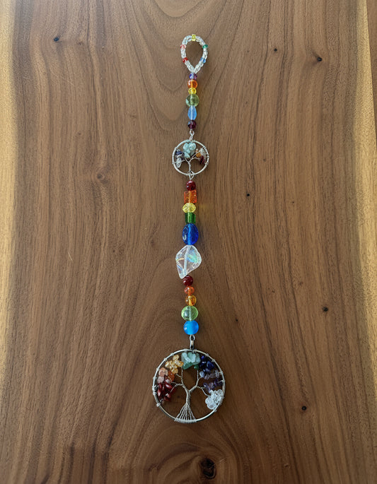 Chakra Tree of Life Suncatcher/Wall Art – Dual Tree Design with Faceted Glass Beads in Rainbow Shades