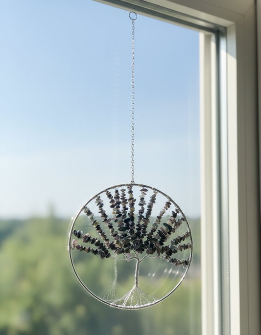 Colorful Tourmaline & Silver Tree of Life - 6-Inch Wall/Window Hanging