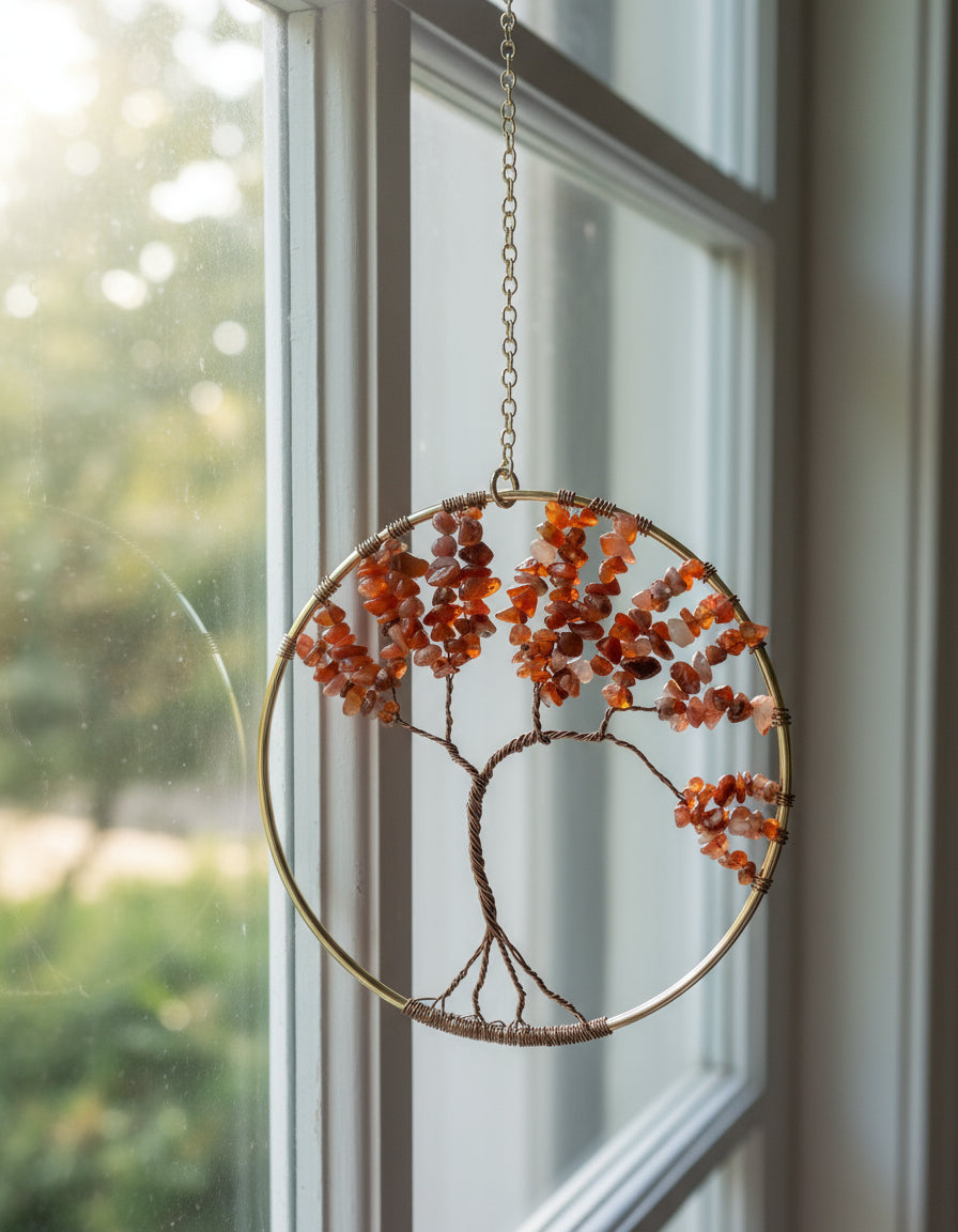 Carnelian and Antique Brass Tree of Life 6-Inch Wall/Window Hanging