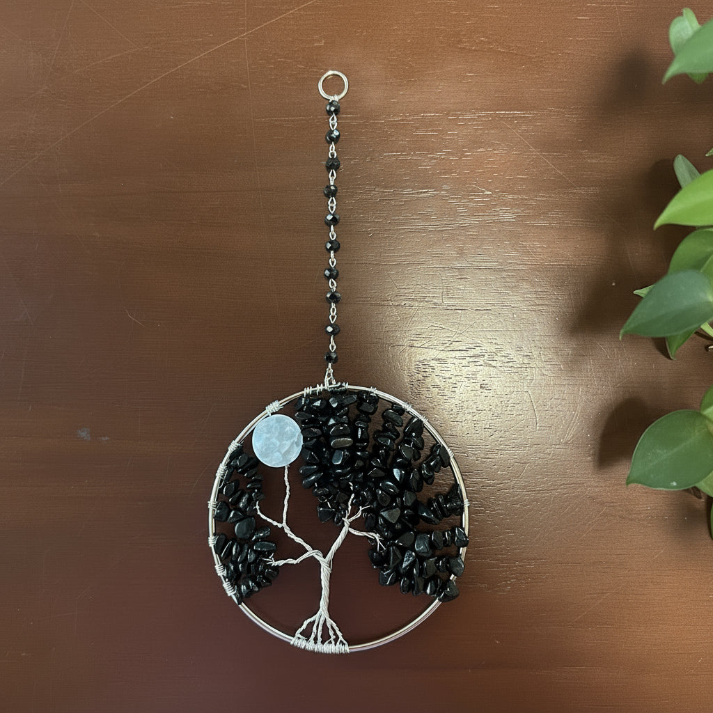 Black Jasper, White Quartz & Silver Tree of Life - 4-Inch Wall/Window Hanging