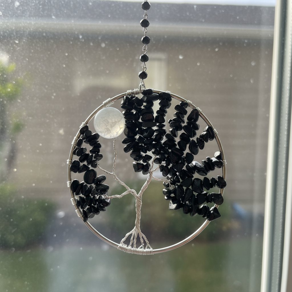 Black Jasper, White Quartz & Silver Tree of Life - 4-Inch Wall/Window Hanging