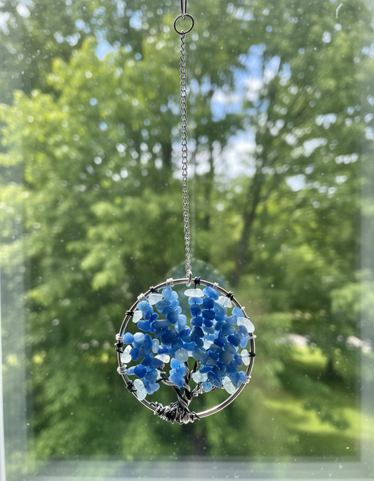 Aqua Quartz, Quartz Spike, Silver & Black Tree of Life - 3-Inch Wall/Window Hanging