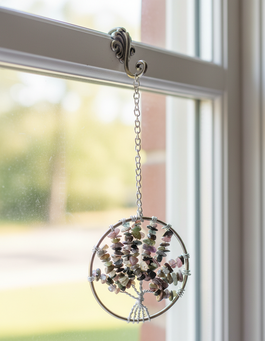 Colorful Tourmaline and Silver Tree of Life - 3-Inch Wall/Window Hanging
