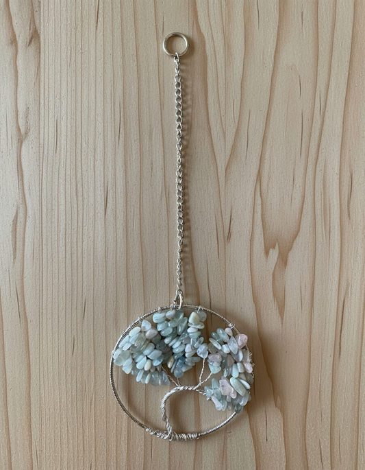 Morganite & Silver Tree of Life - 3-Inch Wall/Window Hanging (Repurposed Silver Bangle)