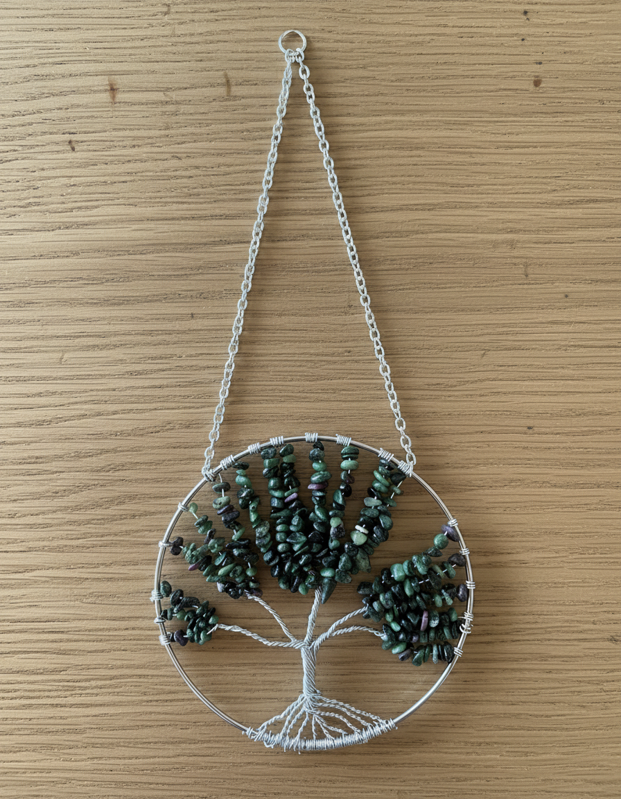 Ruby Zoisite & Silver Tree of Life -  6-Inch Wall/Window Hanging
