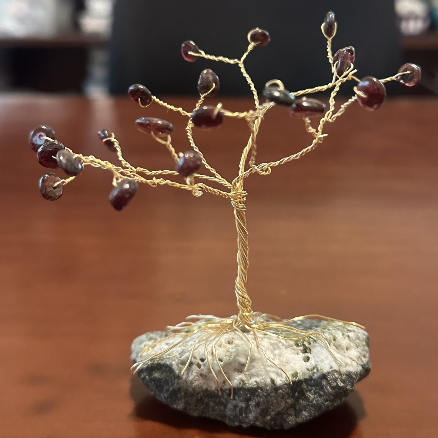 4-Inch Garnet Wire Tree Sculpture on a Serpentine Stone
