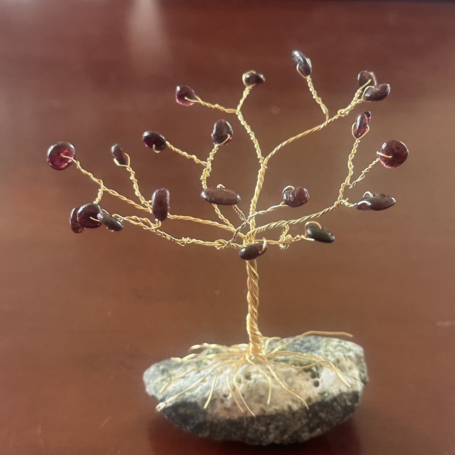 4-Inch Garnet Wire Tree Sculpture on a Serpentine Stone