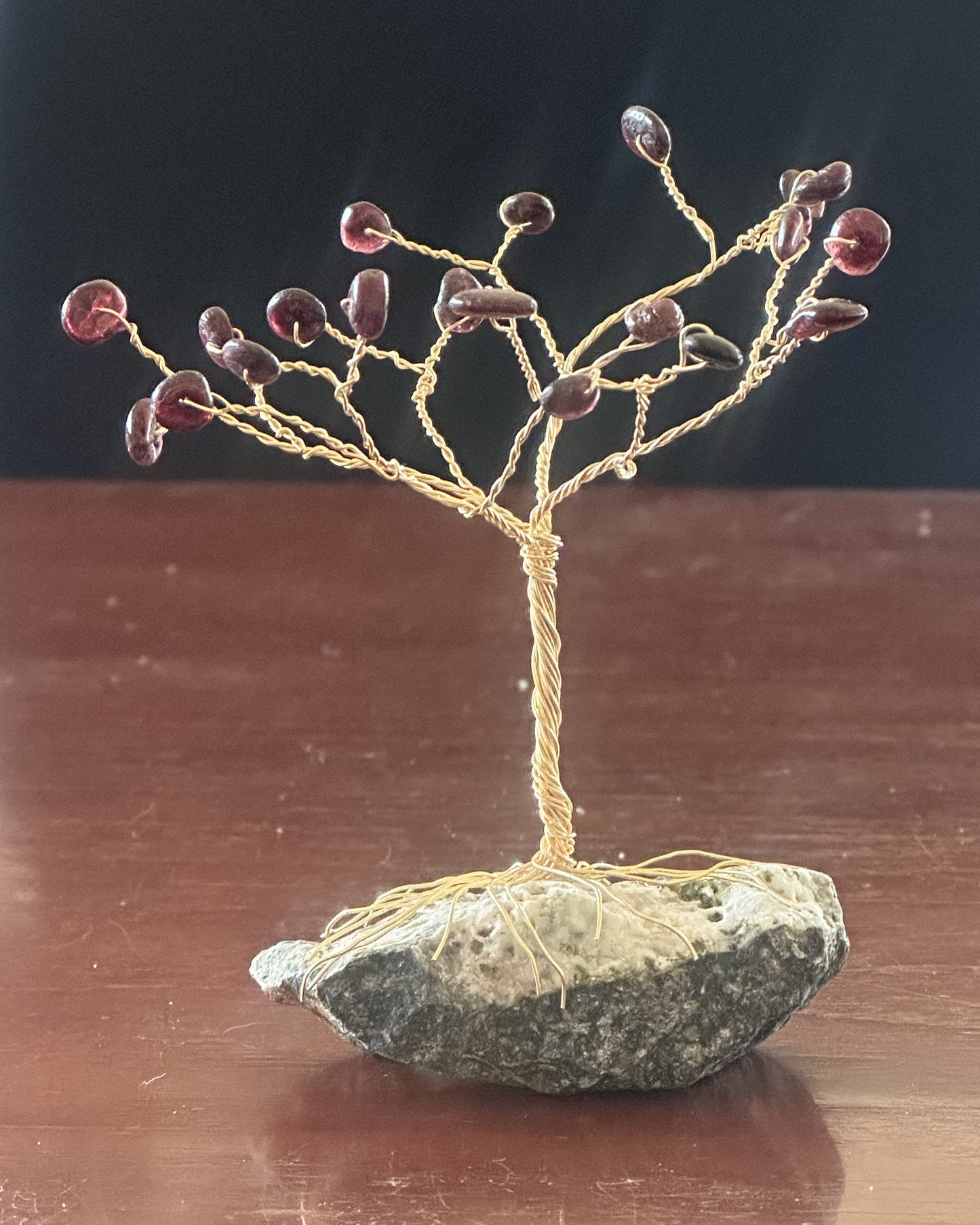 4-Inch Garnet Wire Tree Sculpture on a Serpentine Stone