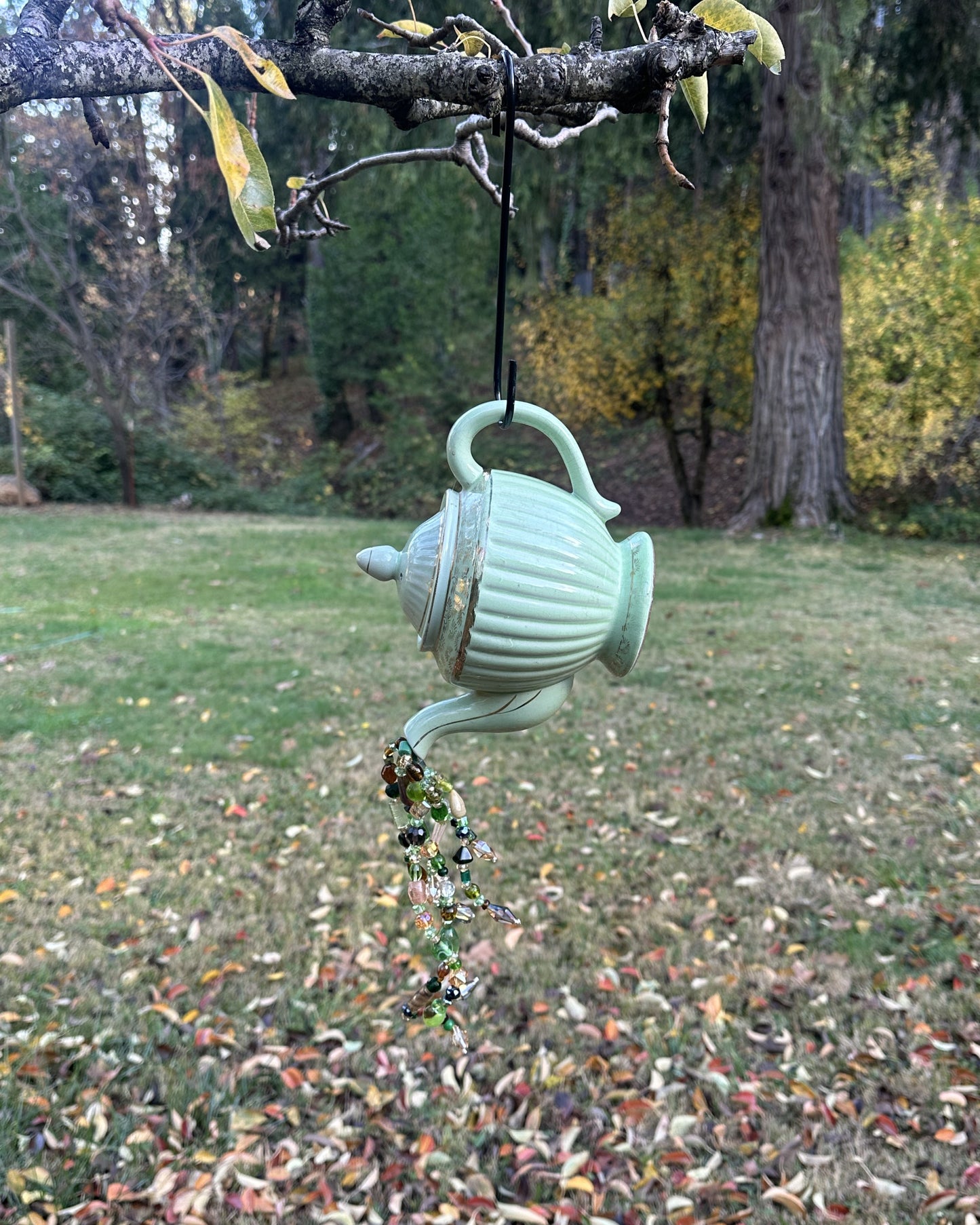Vintage Green & Gold Crystal Pouring Ceramic Teapot – Faceted Glass Cascade in Green, Amber & Clear