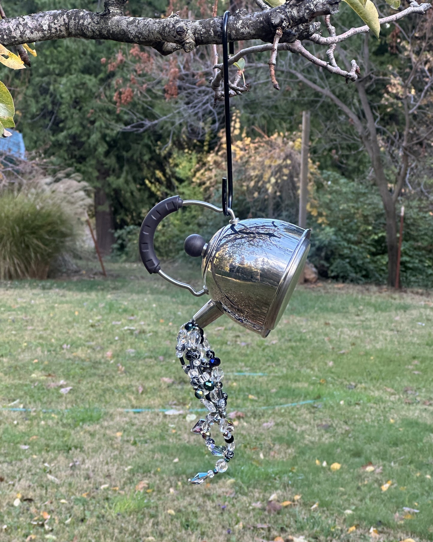 Silver Crystal Pouring Tea Kettle – Black, Gray & Clear Faceted Glass Cascade