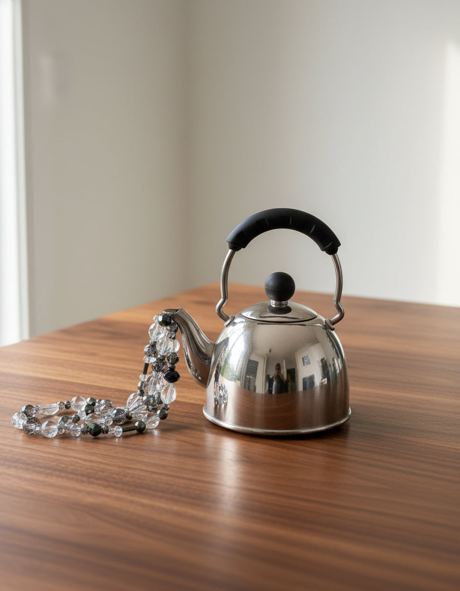 Silver Crystal Pouring Tea Kettle – Black, Gray & Clear Faceted Glass Cascade