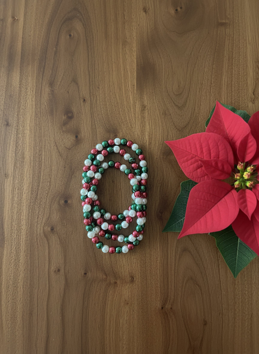 Red, Green and White Stackable Glass Pearl Bracelets with 6 mm Beads
