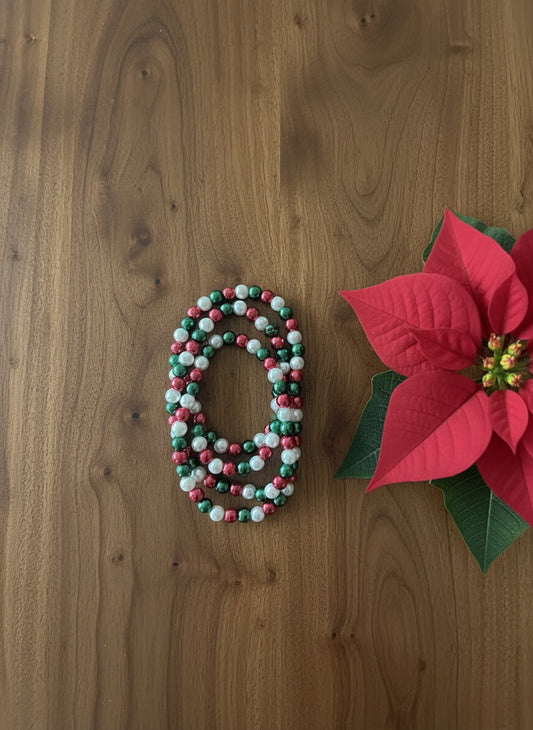 Red, Green and White Stackable Glass Pearl Bracelets with 6 mm Beads