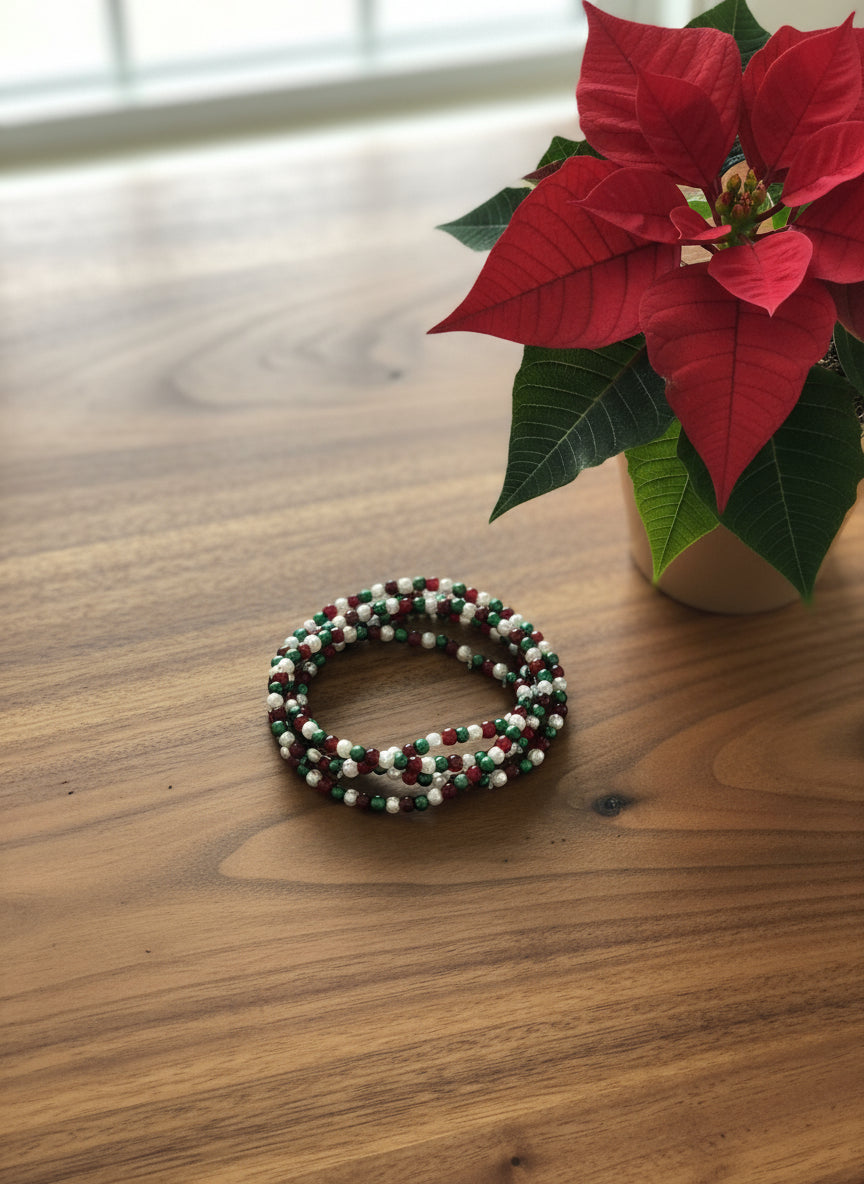 Red, Green and White Stackable Glass Pearl Bracelets with 4 mm Beads