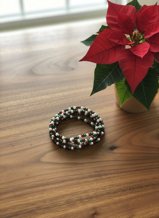 Red, Green and White Stackable Glass Pearl Bracelets with 4 mm Beads