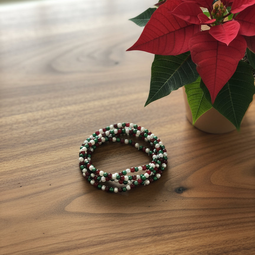 Red, Green and White Stackable Glass Pearl Bracelets with 4 mm Beads