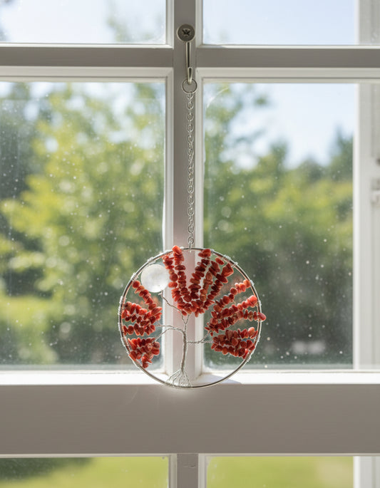 Dyed Red Coral, White Quartz and Antique Brass Tree of Life - 4-Inch Wall/Window Hanging