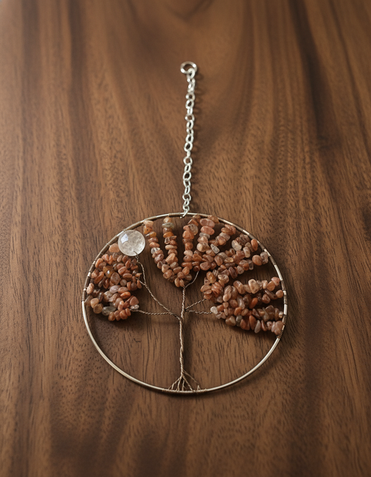 Carnelian, White Quartz and Antique Brass Tree of Life - 6-Inch Wall/Window Hanging