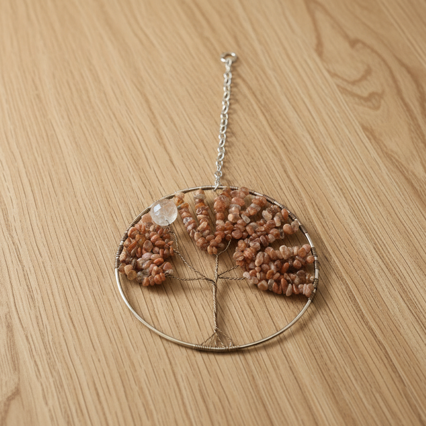 Carnelian, White Quartz and Antique Brass Tree of Life - 6-Inch Wall/Window Hanging