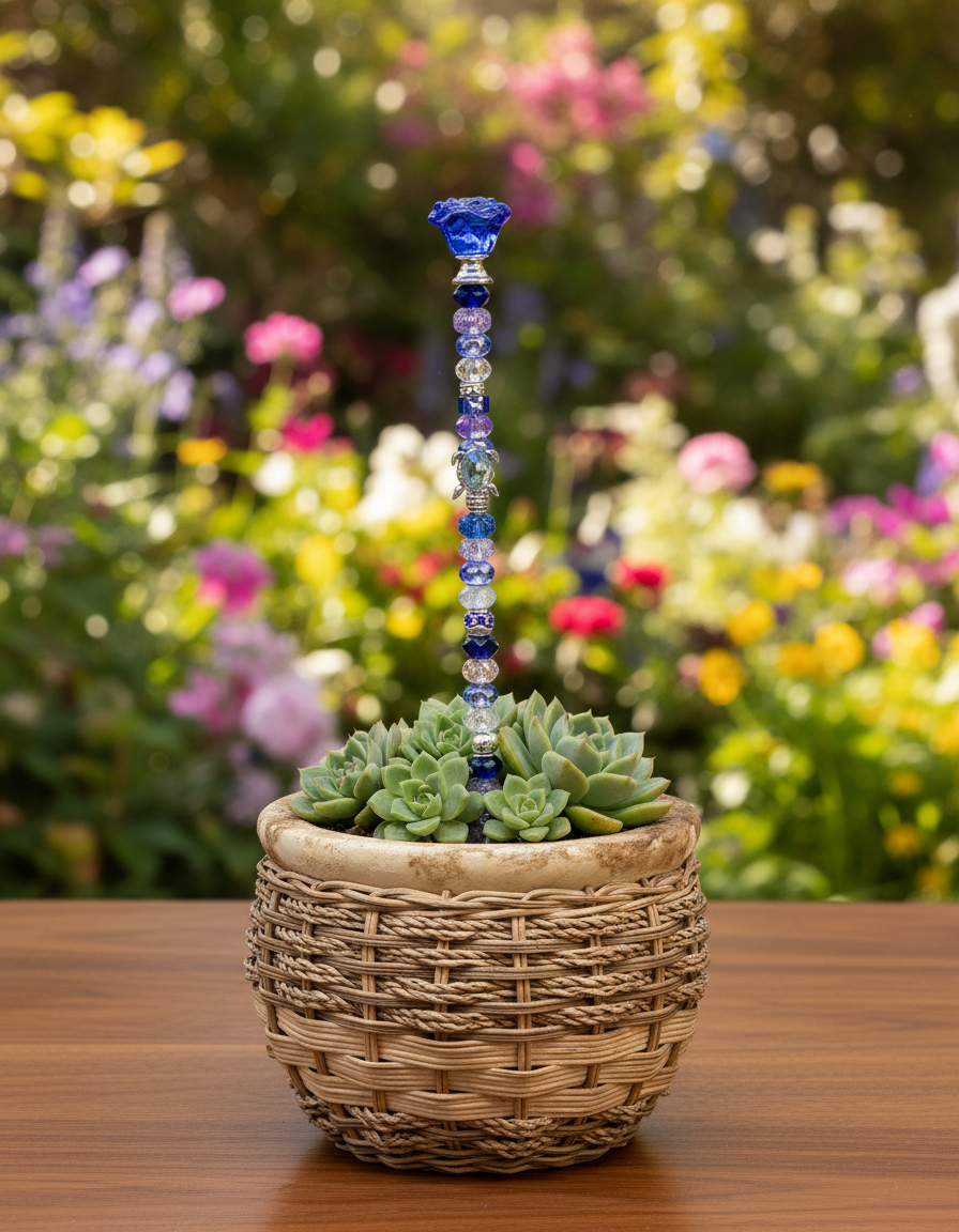 Fairy Wand Garden Stake in Blue, Silver and Pink with a Blue Sea Turtle Charm