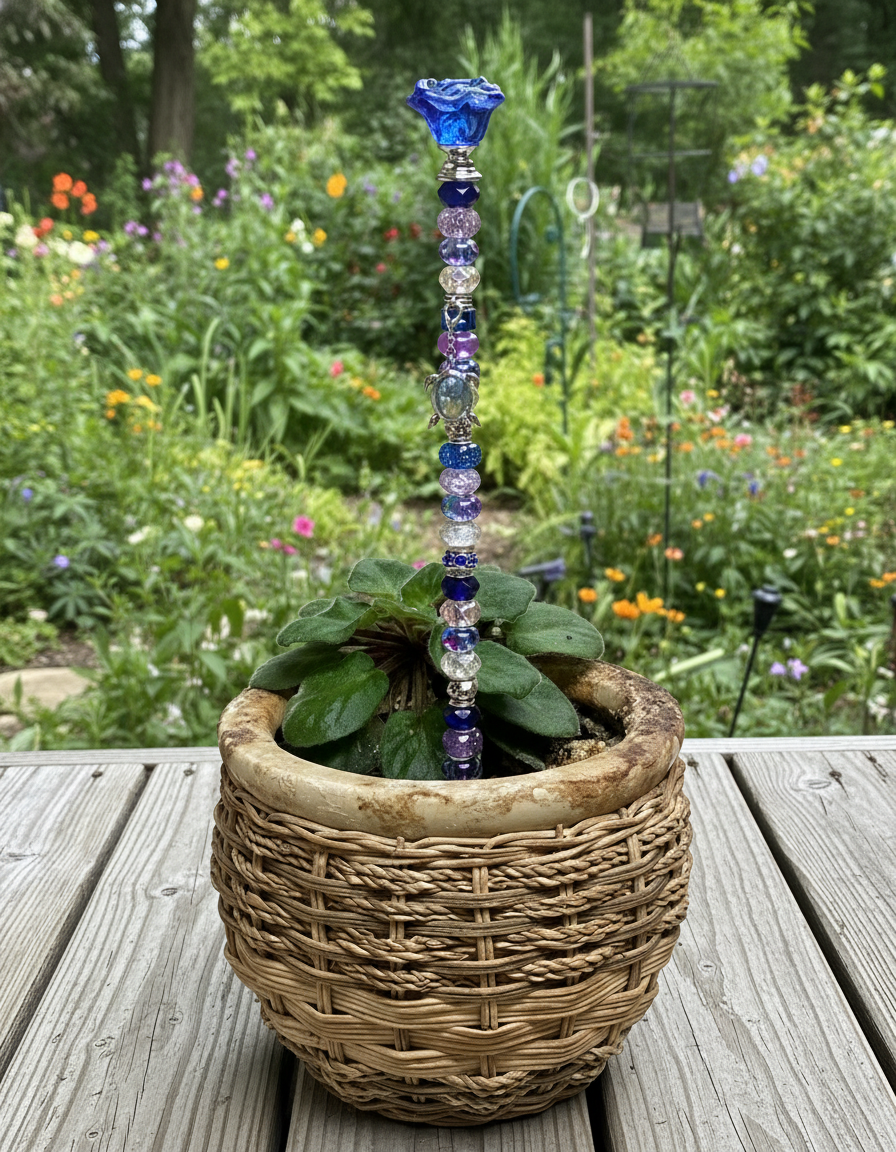 Fairy Wand Garden Stake in Blue, Silver and Pink with a Blue Sea Turtle Charm