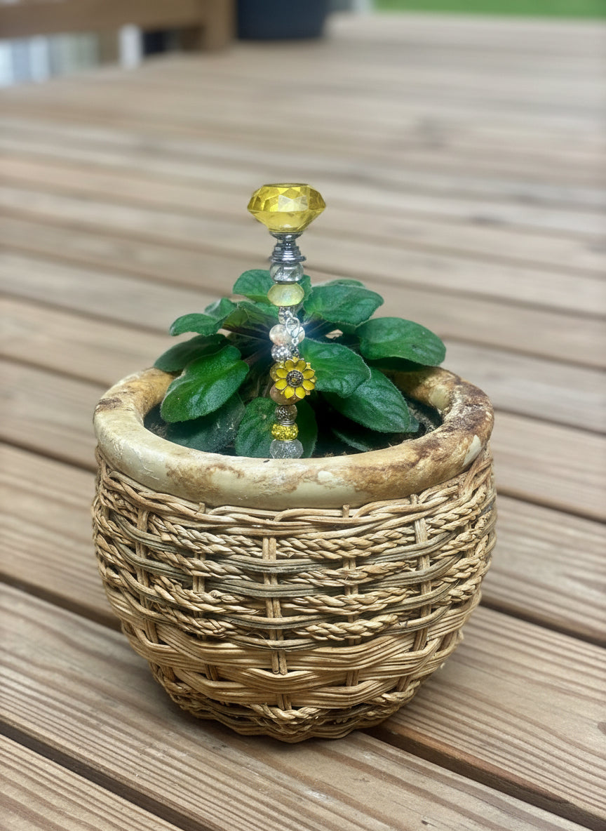 Fairy Wand Garden Stake in Shades of Yellow, Silver, Pink and White with Sunflower Charm