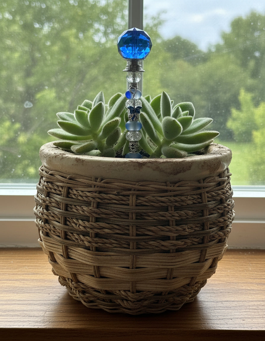 Fairy Wand Garden Stake in Blue, Silver and White with Blue Flower Charm