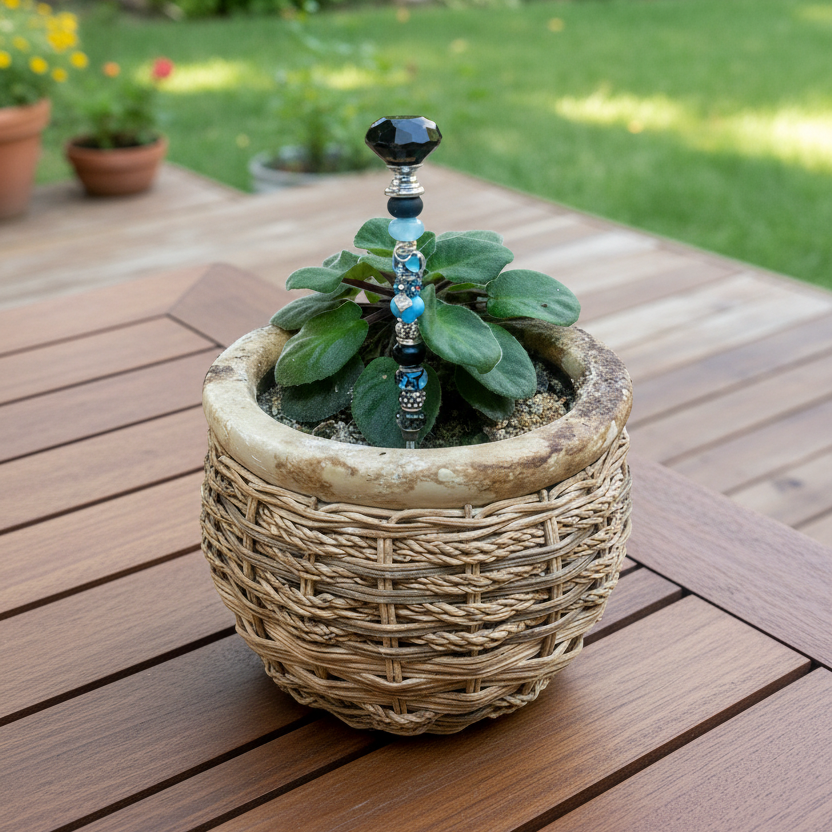 Black, Blue & Silver Fairy Wand Garden Stake with Crystal Accent