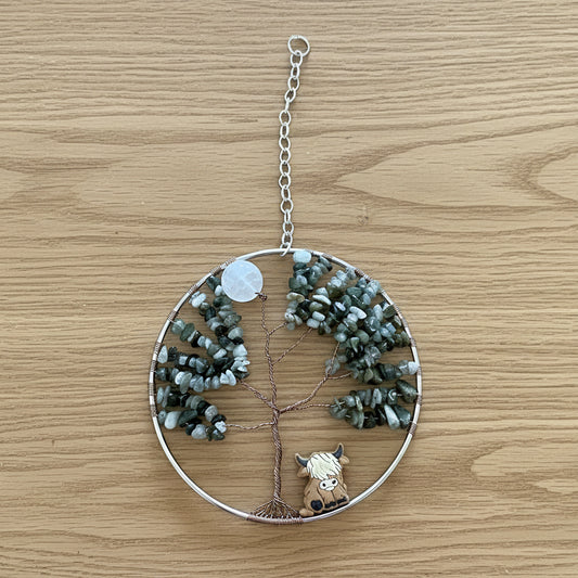 Labradorite, White Quartz,  Antique Brass and Silver Tree of Life With Hyland Cow - 5-Inch Wall/Window Hanging