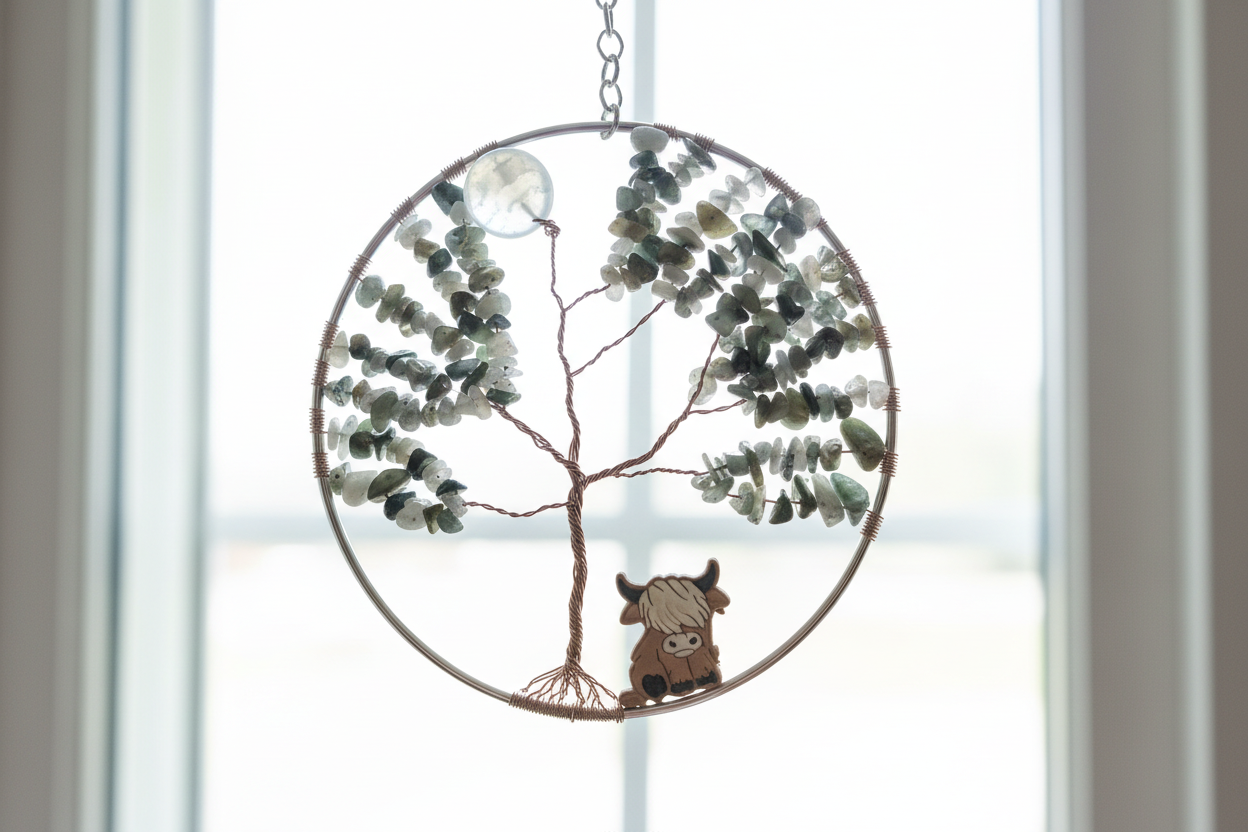 Labradorite, White Quartz,  Antique Brass and Silver Tree of Life With Hyland Cow - 5-Inch Wall/Window Hanging