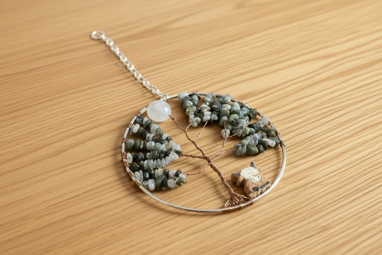 Labradorite, White Quartz,  Antique Brass and Silver Tree of Life With Hyland Cow - 5-Inch Wall/Window Hanging