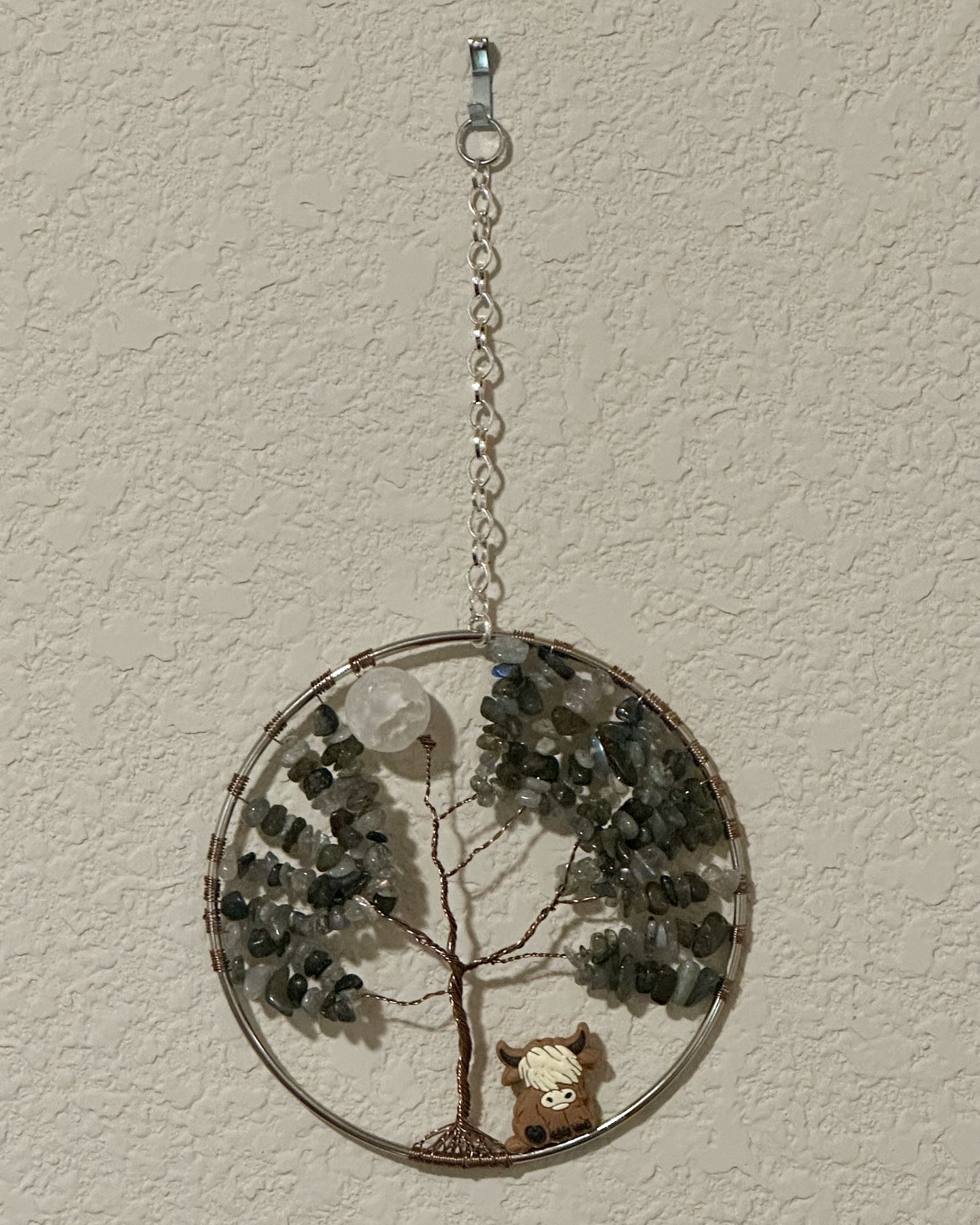 Labradorite, White Quartz,  Antique Brass and Silver Tree of Life With Hyland Cow - 5-Inch Wall/Window Hanging